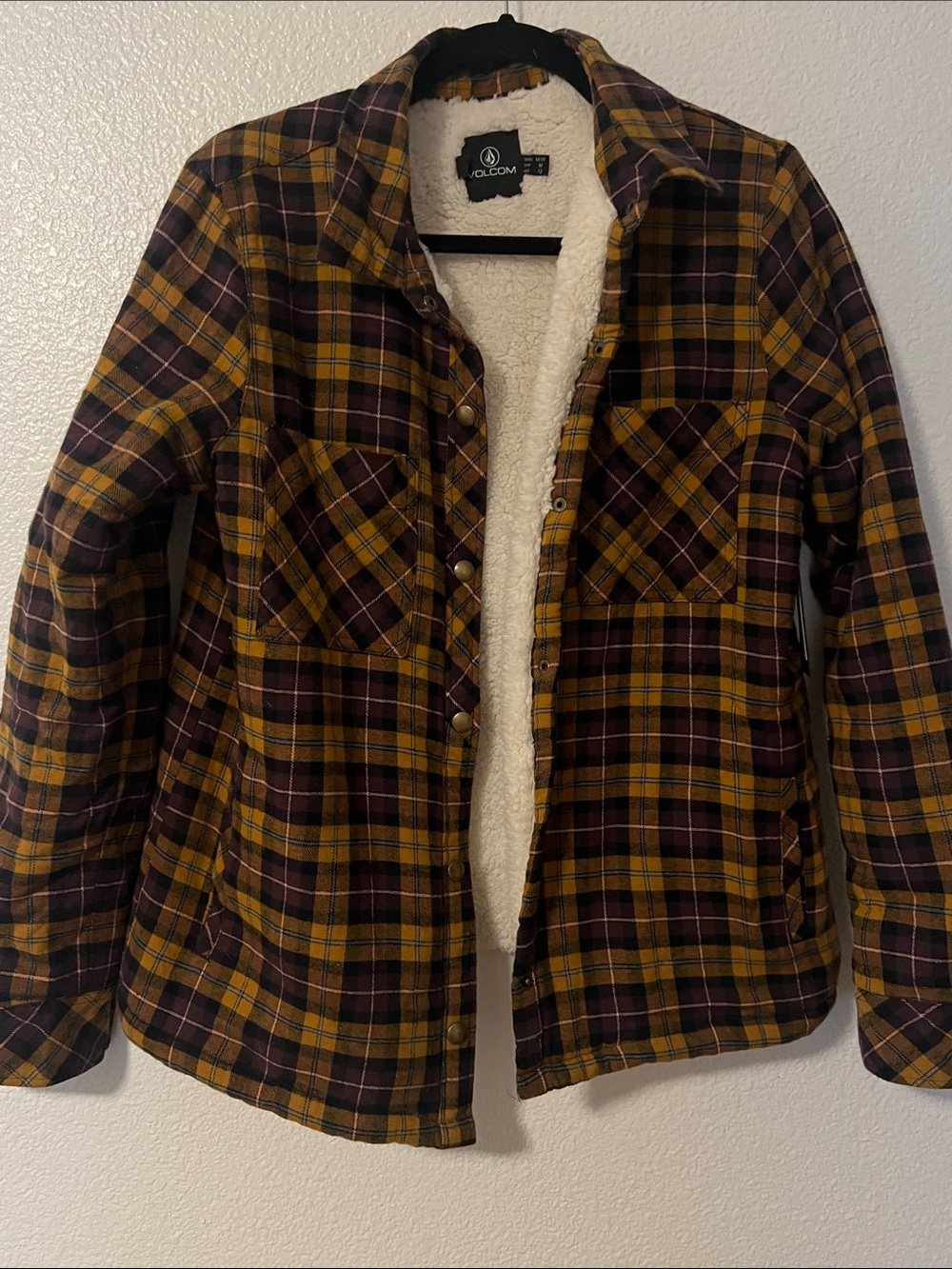 Volcom Unisex Mustard and Burgundy Plaid Teddy-Lined Jacket